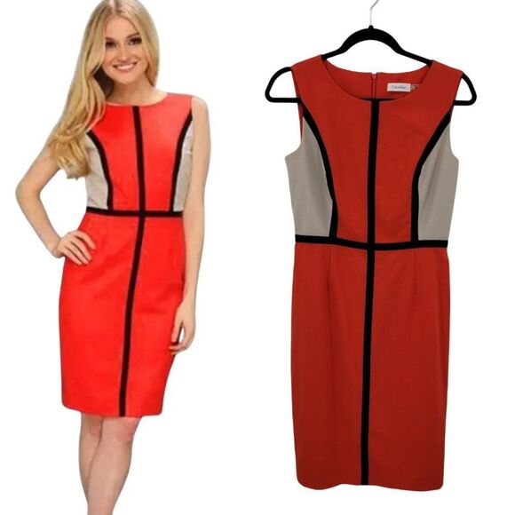Calvin Klein Womens Retro 60s Colorblock Sheath Dress Sz 4 Red Black Mod Mad Men - Picture 1 of 11
